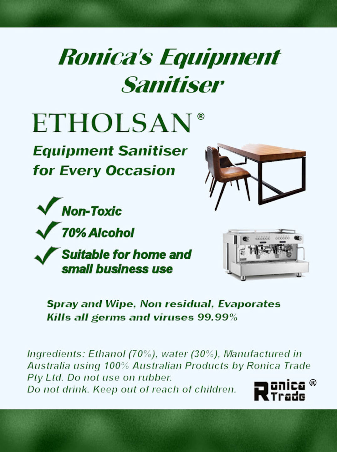 Ronica's Equipment Sanitiser Lable